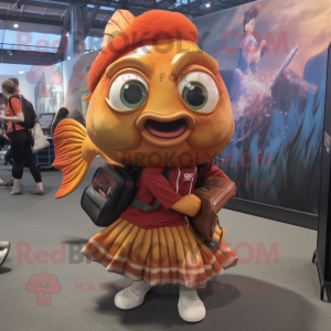 Rust Goldfish mascot costume character dressed with a A-Line Skirt and Backpacks