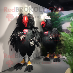 Black Roosters mascot costume character dressed with a Mini Dress and Brooches