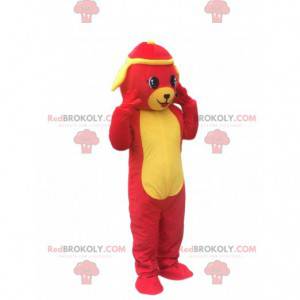 Mascotte de chien rouge et jaune, costume de chien coloré -