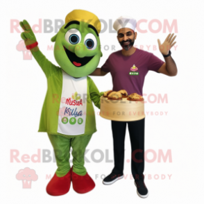 Olive Tikka Masala mascot costume character dressed with a Polo Tee and Earrings