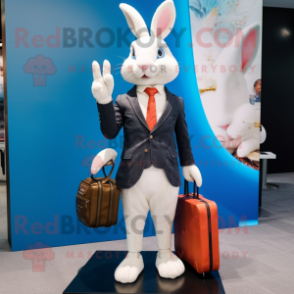 White Rabbit mascot costume character dressed with a Blazer and Messenger bags