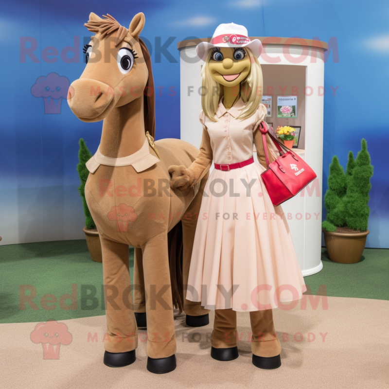 Tan Mare mascot costume character dressed with a Maxi Skirt and Coin purses Tan Mare mascot costume character dressed with a Maxi Skirt and Coin purses