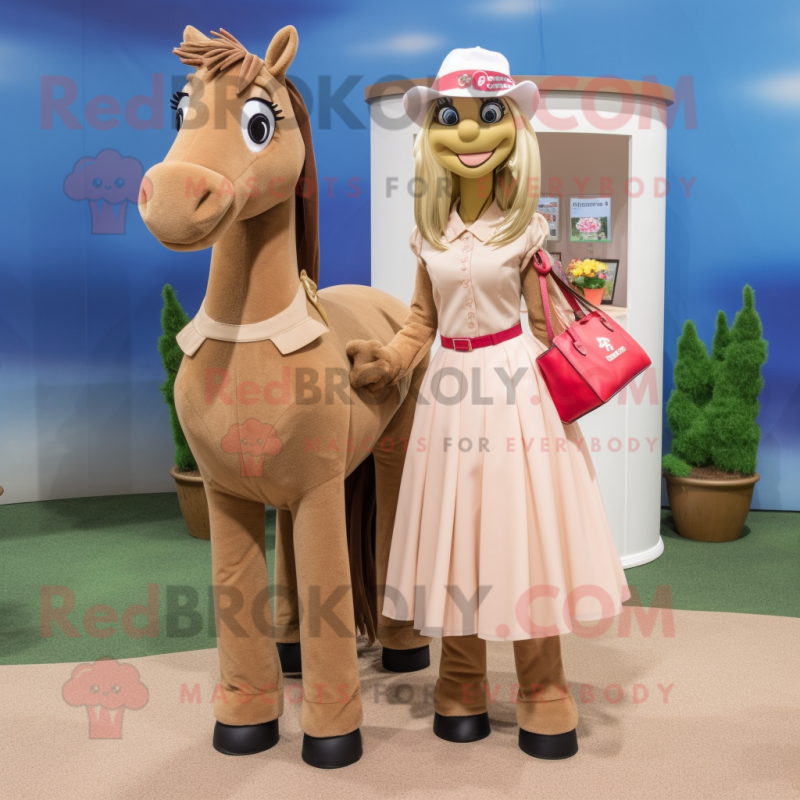 Tan Mare mascot costume character dressed with a Maxi Skirt and Coin purses