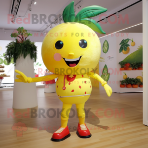 Lemon Yellow Strawberry mascot costume character dressed with a Leggings and Ties