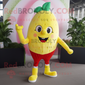 Lemon Yellow Strawberry mascot costume character dressed with a Leggings and Ties