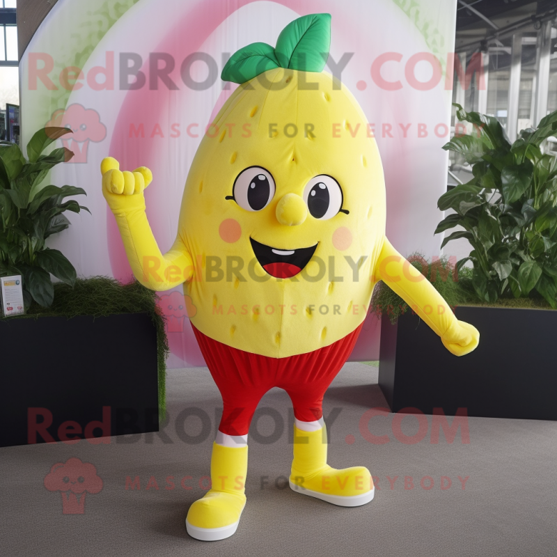 Lemon Yellow Strawberry mascot costume character dressed with a Leggings and Ties Lemon Yellow Strawberry mascot costume character dressed with a Leggings and Ties