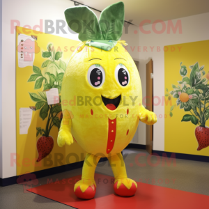 Lemon Yellow Strawberry mascot costume character dressed with a Leggings and Ties