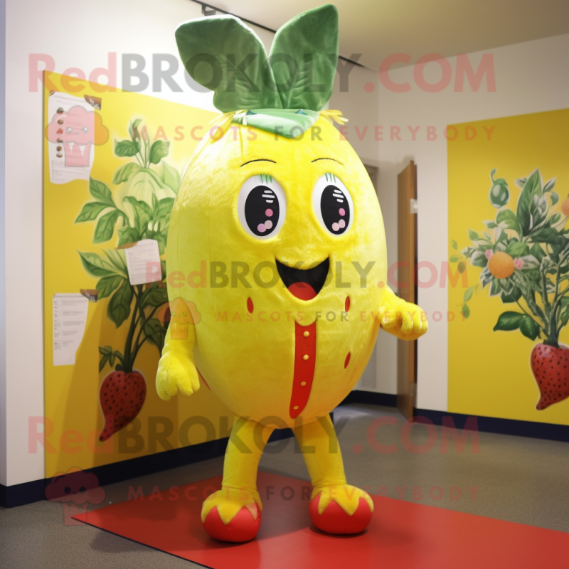 Lemon Yellow Strawberry mascot costume character dressed with a Leggings and Ties