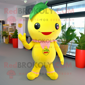 Lemon Yellow Strawberry mascot costume character dressed with a Leggings and Ties