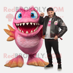 Pink Piranha mascot costume character dressed with a Leather Jacket and Watches