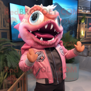 Pink Piranha mascot costume character dressed with a Leather Jacket and Watches
