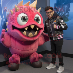 Pink Piranha mascot costume character dressed with a Leather Jacket and Watches