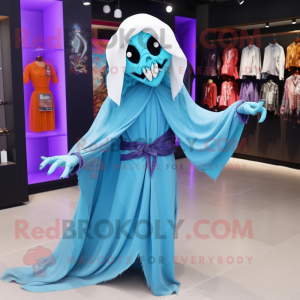 Cyan Undead mascot costume character dressed with a Culottes and Shawl pins