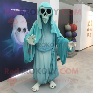 Cyan Undead mascot costume character dressed with a Culottes and Shawl pins