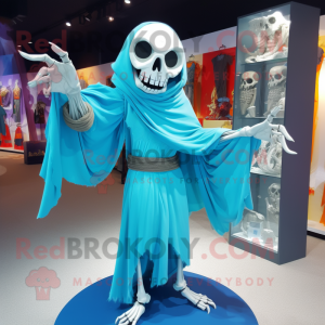 Cyan Undead mascot costume character dressed with a Culottes and Shawl pins