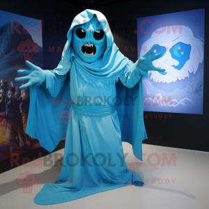 Cyan Undead mascot costume character dressed with a Culottes and Shawl pins