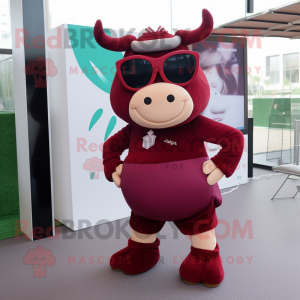 Maroon Bull mascot costume character dressed with a Mini Skirt and Eyeglasses