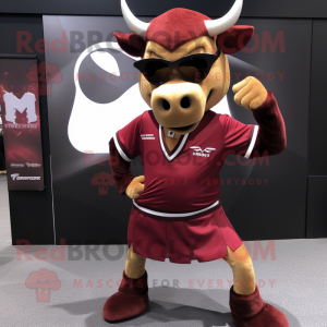 Maroon Bull mascot costume character dressed with a Mini Skirt and Eyeglasses
