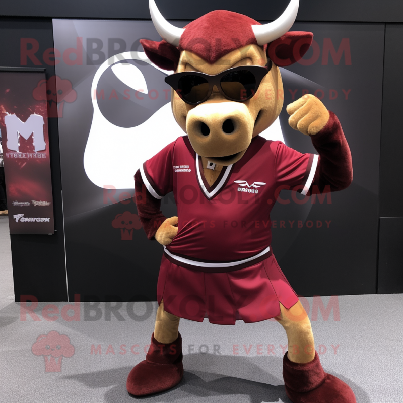Maroon Bull mascot costume character dressed with a Mini Skirt and Eyeglasses Maroon Bull mascot costume character dressed with a Mini Skirt and Eyeglasses