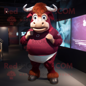 Maroon Bull mascot costume character dressed with a Mini Skirt and Eyeglasses