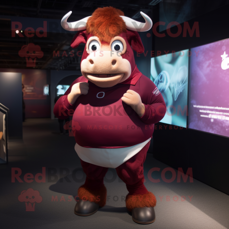 Maroon Bull mascot costume character dressed with a Mini Skirt and Eyeglasses Maroon Bull mascot costume character dressed with a Mini Skirt and Eyeglasses