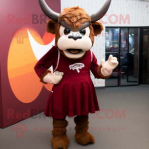 Maroon Bull mascot costume character dressed with a Mini Skirt and Eyeglasses