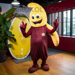 Maroon Banana mascot costume character dressed with a Playsuit and Beanies