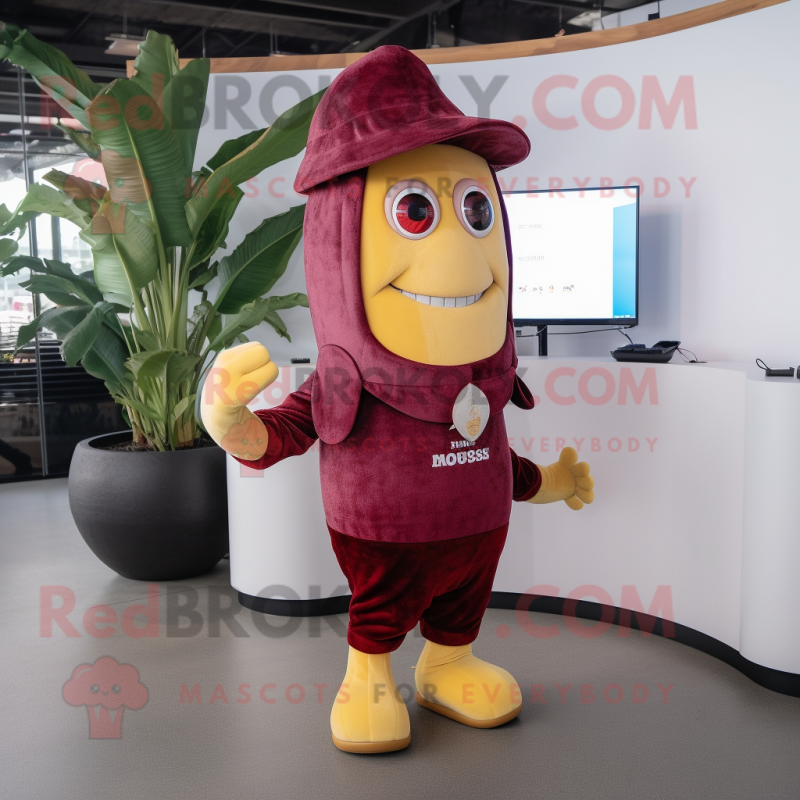 Maroon Banana mascot costume character dressed with a Playsuit and Beanies