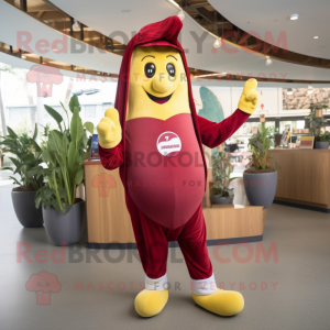 Maroon Banana mascot costume character dressed with a Playsuit and Beanies