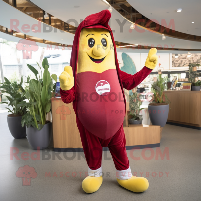Maroon Banana mascot costume character dressed with a Playsuit and Beanies