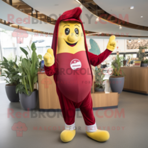 Maroon Banana mascot costume character dressed with a Playsuit and Beanies