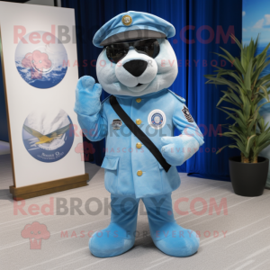 Sky Blue Navy Seal mascot costume character dressed with a Capri Pants and Pocket squares