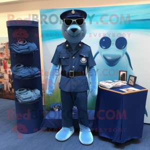 Sky Blue Navy Seal mascot costume character dressed with a Capri Pants and Pocket squares