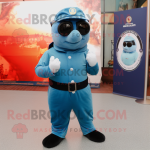 Sky Blue Navy Seal mascot costume character dressed with a Capri Pants and Pocket squares