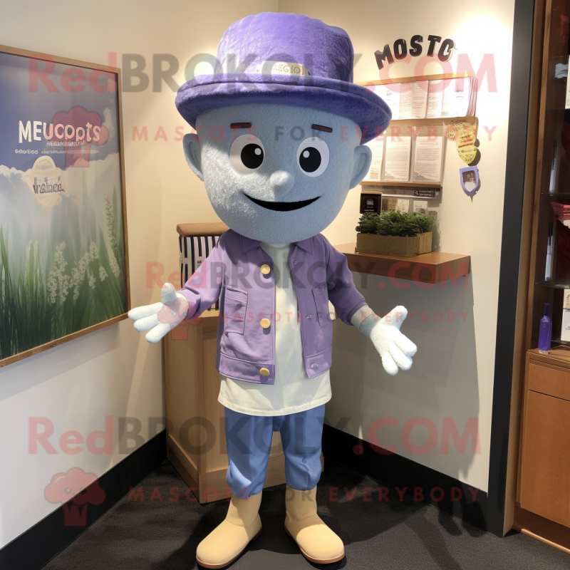 Lavender Miso Soup mascot costume character dressed with a Chambray Shirt and Hat pins
