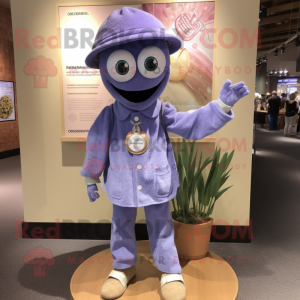 Lavender Miso Soup mascot costume character dressed with a Chambray Shirt and Hat pins