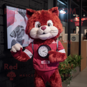 Maroon Cat mascot costume character dressed with a Romper and Digital watches