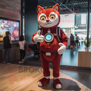 Maroon Cat mascot costume character dressed with a Romper and Digital watches