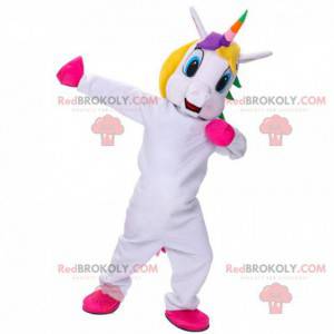 Mascote unicórnio branco com crina multicolorida -