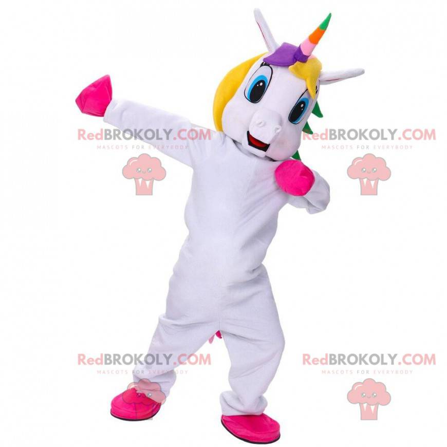 Mascote unicórnio branco com crina multicolorida - Mascote unicórnio branco com crina multicolorida -