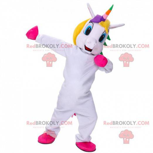 Mascotte de licorne blanche avec une crinière multicolore -