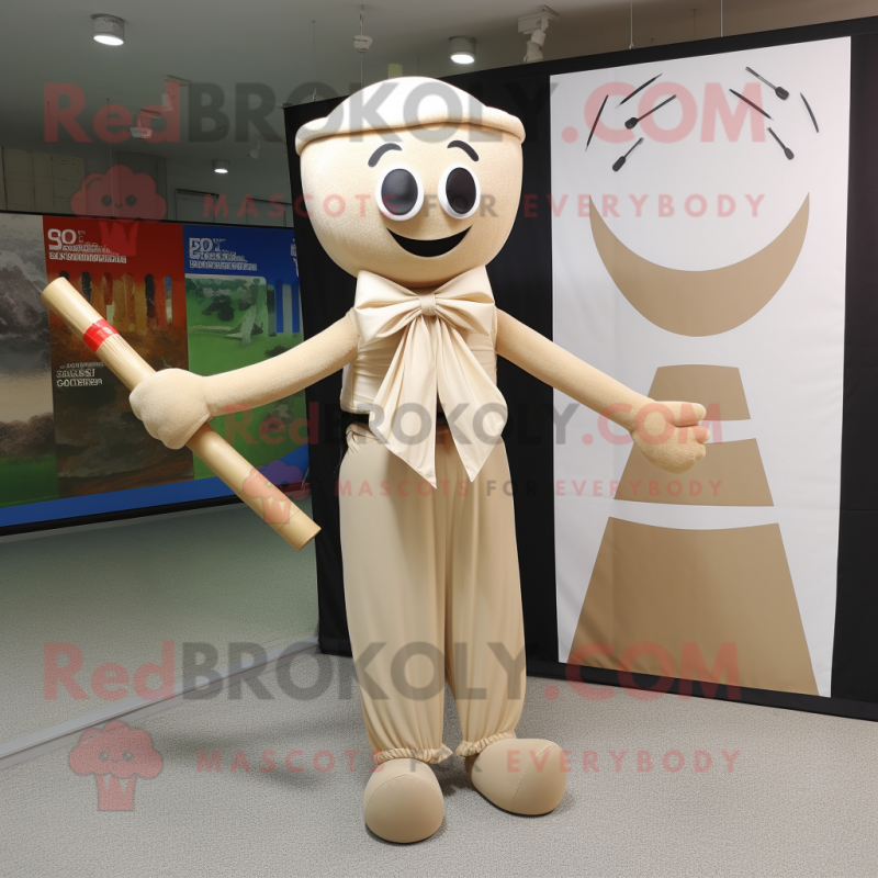 Beige Knife Thrower mascot costume character dressed with a Maxi Dress and Bow ties Beige Knife Thrower mascot costume character dressed with a Maxi Dress and Bow ties