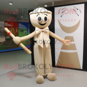 Beige Knife Thrower mascot costume character dressed with a Maxi Dress and Bow ties