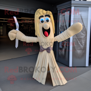 Beige Knife Thrower mascot costume character dressed with a Maxi Dress and Bow ties