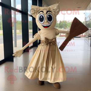 Beige Knife Thrower mascot costume character dressed with a Maxi Dress and Bow ties