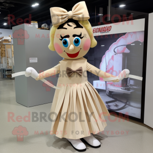 Beige Knife Thrower mascot costume character dressed with a Maxi Dress and Bow ties