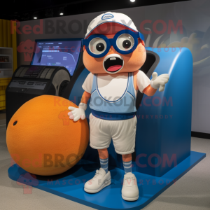 Peach Human Cannon Ball mascot costume character dressed with a Denim Shorts and Reading glasses