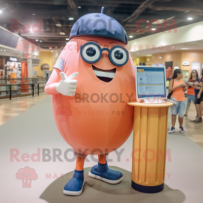 Peach Human Cannon Ball mascot costume character dressed with a Denim Shorts and Reading glasses