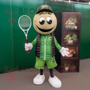 Forest Green Tennis Racket mascot costume character dressed with a Bomber Jacket and Brooches