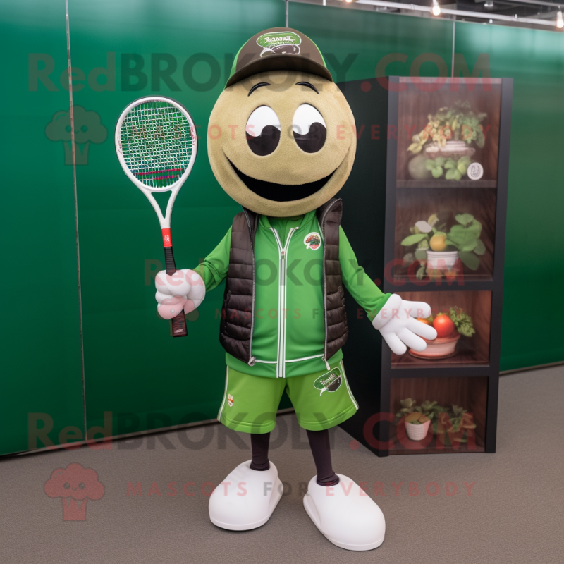 Forest Green Tennis Racket mascot costume character dressed with a Bomber Jacket and Brooches Forest Green Tennis Racket mascot costume character dressed with a Bomber Jacket and Brooches